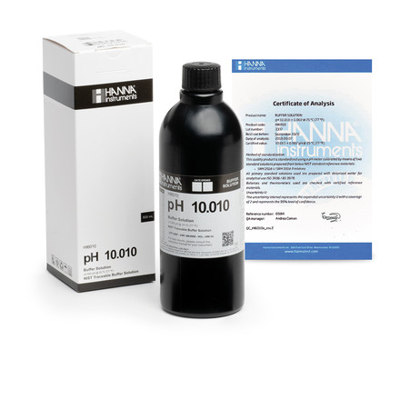 Solution tampon pH 10,010, ±0,002 pH, certificat d'analyse, bouteille 500 mL HI6010